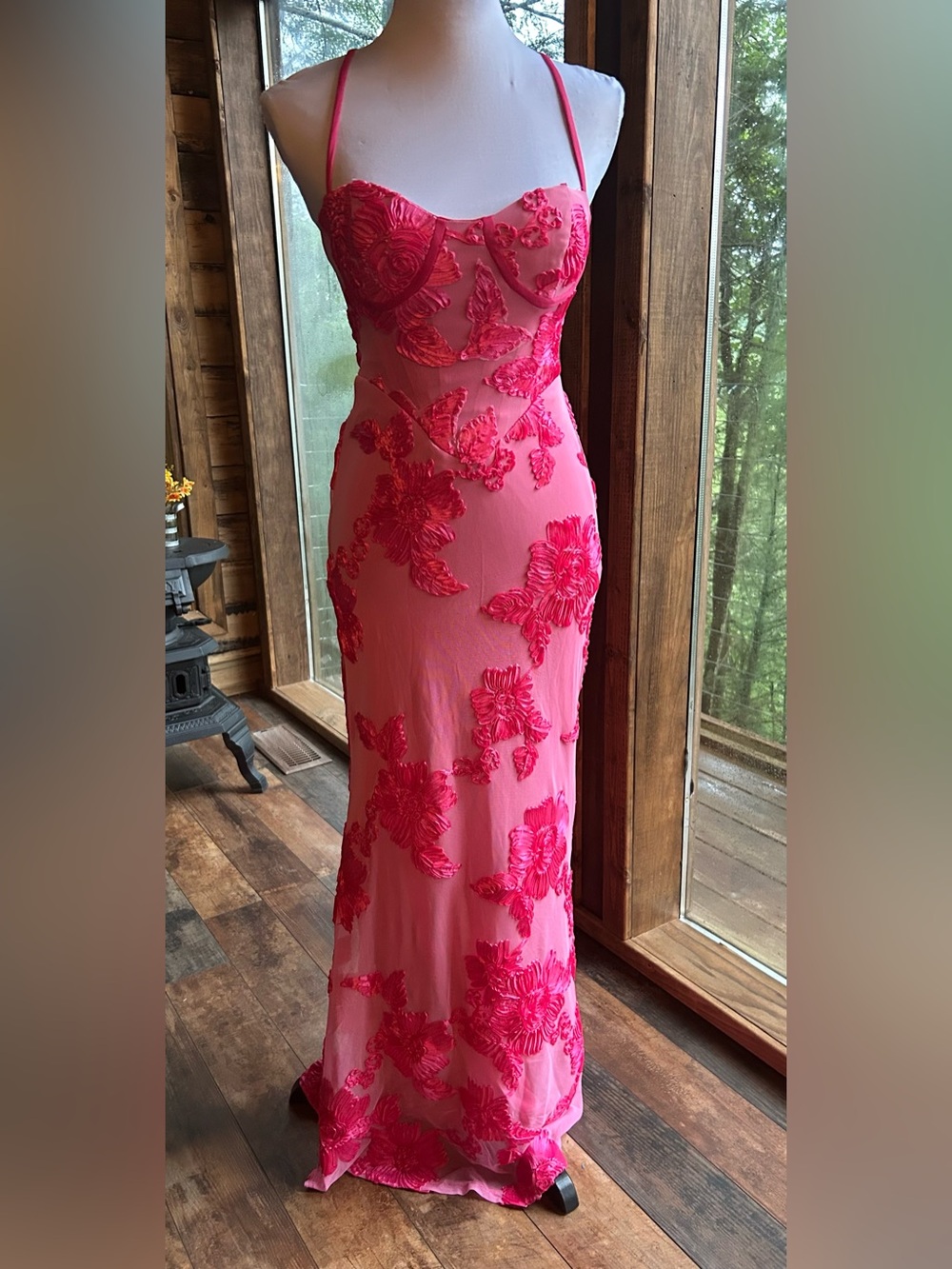 Pink Floral Appliqué Evening Gown size 4